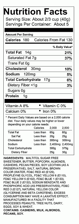 8oz Sugar Free Toffee Popcorn Nutrition Information