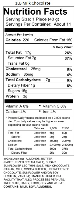 1lb Toffee Hug Milk Traditional Almond Toffee Nutrition Information