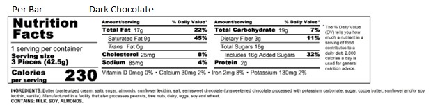3pc Dark Toffee Single Bar Nutrition Information
